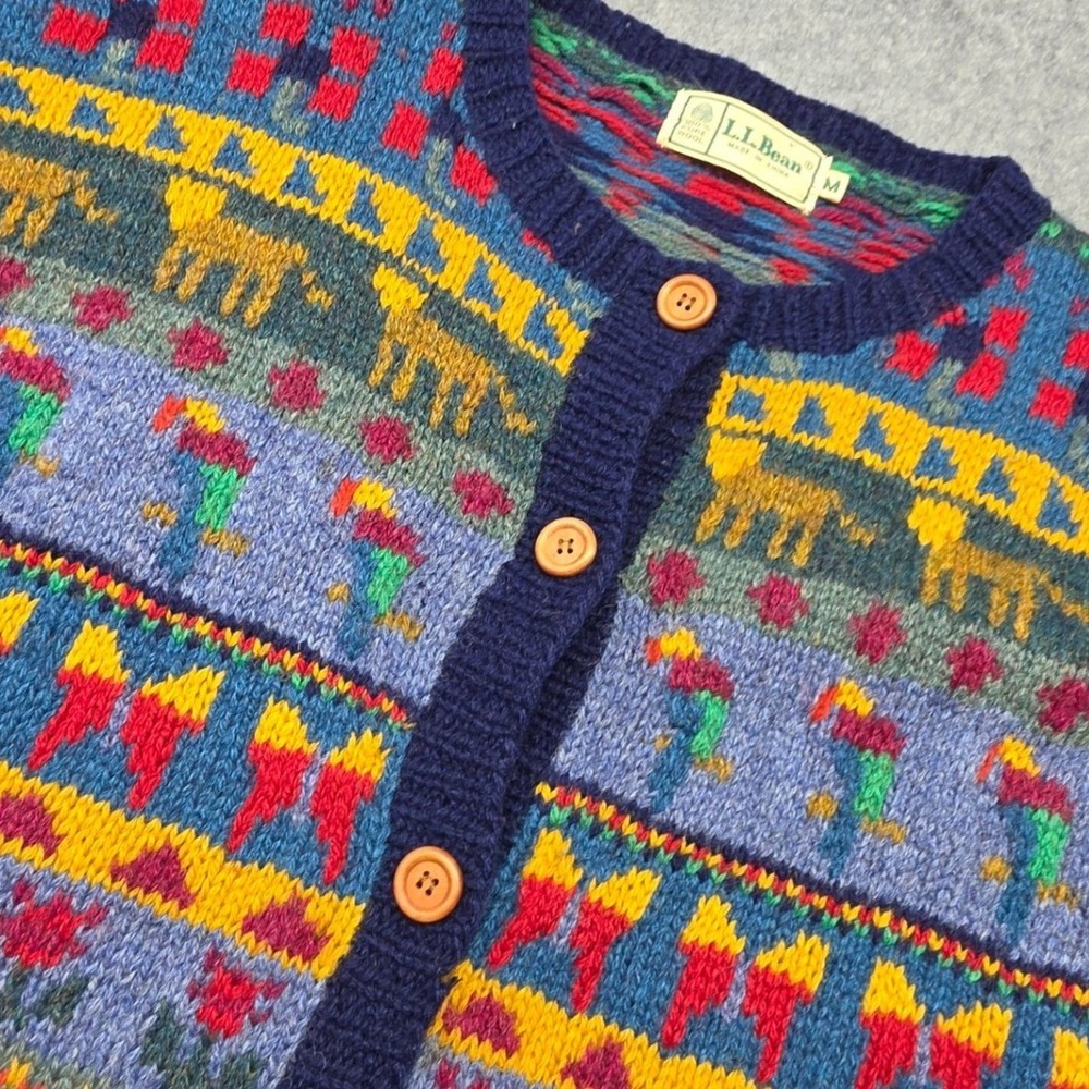 Vintage LL Bean Women Wool Cardigan Sweater Navy Blue Multicolor Animal Print M